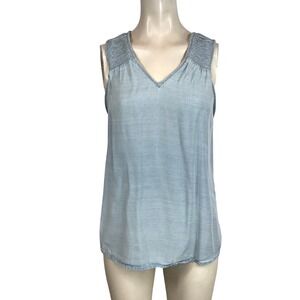 Joie Light Wash Blue Smocked Neck Sleeveless V Neck Top Size M